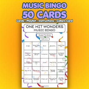 May include: A colorful music bingo card with the text "Music Bingo" and "50 Cards." The card features a grid with song titles like "Funky Town" and "Cotton Eye Joe." Includes instructions and a caller's card.