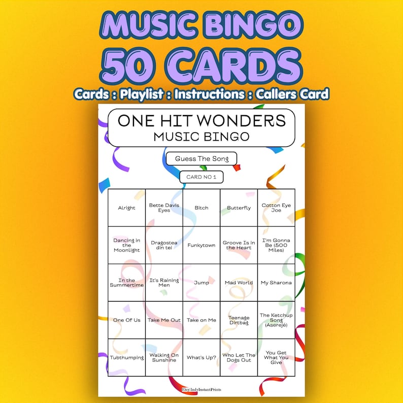 May include: A colorful music bingo card with the text "Music Bingo" and "50 Cards." The card features a grid with song titles like "Funky Town" and "Cotton Eye Joe." Includes instructions and a caller's card.