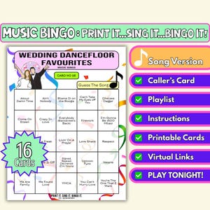 16-Karten Hochzeit Dancefloor Faves Musik Bingo | Druckbares Spiel für Familienhochzeiten, Hen Dos, Gartenpartys | Sofortdownload | Lieder-Format