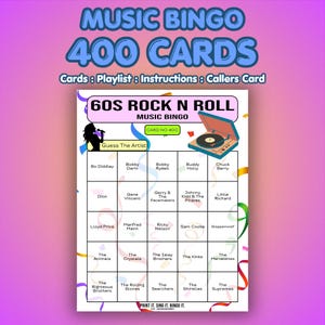60s Music Bingo Cards – 1960s Rock N Roll | 400 Cards | Team Party Game | Guess the Artist