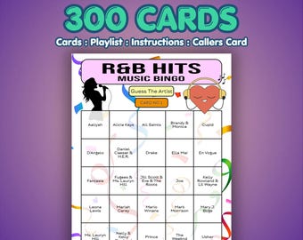 Bingo de éxitos de R&B de 300 cartones / Formato de artista / Juego de bingo descargable para eventos comunitarios o diversión en la oficina / Acceso instantáneo al PDF / Juego rápido