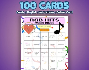 May include: A Music Bingo game card with the text "R&B Hits Music Bingo" and song titles. The card features a heart with headphones and a musical note. The top text reads "Music Bingo 100 Cards".