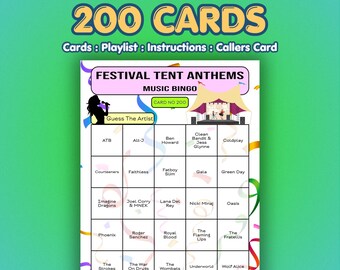 Festival Music Bingo Cards – Tent Anthems | 200 Cards | Indie Rock Game | Music Trivia Game