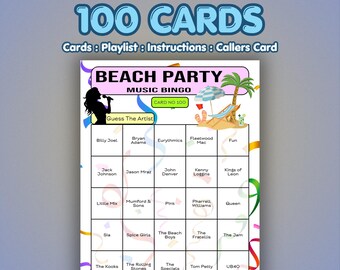 Beach Party Music Bingo Cards | 100 Cards | Birthday Bingo | Song Quiz Game