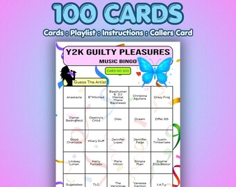 Y2K Guilty Pleasures-muziekbingokaarten | 100 kaarten | Nostalgie verjaardagsspel | Raad de artiest |