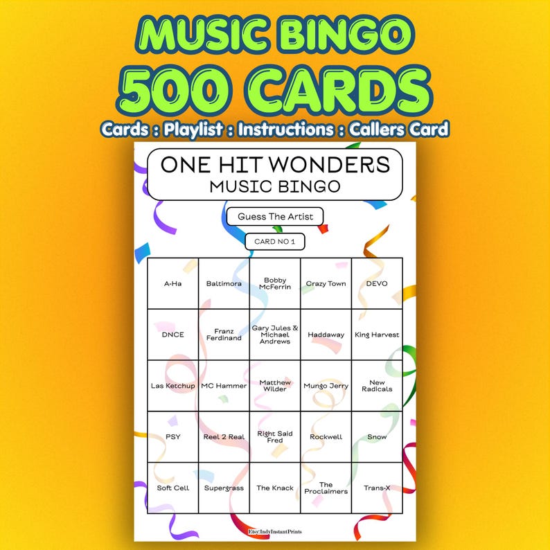 May include: A Music Bingo game card with the text "Music Bingo 500 Cards" in a bright design. The card includes a grid with artist names such as A-Ha, Baltimora, and Bobby McFerrin. The game is titled "One Hit Wonders Music Bingo."