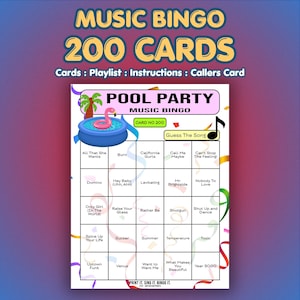 May include: A music bingo card titled "Pool Party" with 200 cards. The card has a pool graphic with a flamingo float. Song titles are listed in the bingo squares. The text "Print it. Sing it. Bingo it." is at the bottom.
