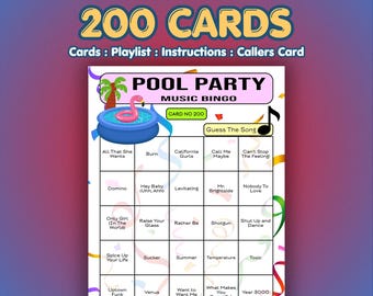Tarjetas de bingo musical para fiestas en la piscina / 200 tarjetas / Juego para la noche de chicas / Adivina el artista /
