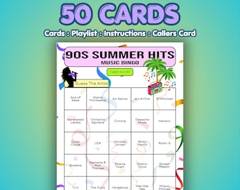 Cartones de Bingo Musical de los 90 – Éxitos del Verano de los 90 / 50 Cartones / Juego para Despedida de Soltera / Adivina el Artista