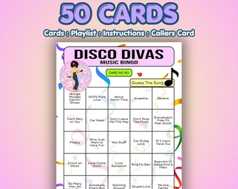Disco Music Bingo Cards – Disco Divas | 50 Cards | Hen Party Game | Guess the Song |