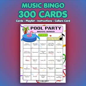 May include: A music bingo card with a pool party theme. The card features a pink flamingo in a pool graphic and song titles like "Dynamite" and "Poker Face". The card is labeled "Music Bingo 300 Cards".