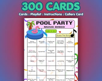 Tarjetas de bingo musical para fiestas en la piscina / 300 tarjetas / Juego para eventos benéficos / Adivina el artista /