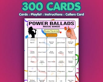 Power Ballads Music Bingo Cards | 300 Cards | Community Party Game | Name That Artist |