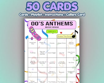 2000s Musik Bingo Karten – Hymnen | 50 Karten | Haus Party Spiel | Raten Sie das Lied