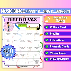 400 Card Disco Divas Music Bingo, 70sDisco Hits, Iconic Female Vocals – Public bingo event, Partygame | Guess the Song | Instant Download