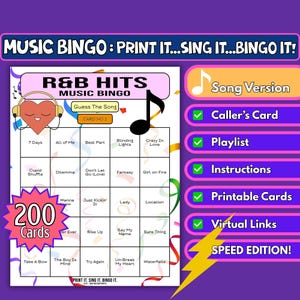 200-Card R&B Hits Music Bingo | Speed Edition | Song Format | BBQs, Reunions, Fundraisers or Games Night Fun | Instant Download | Spotify