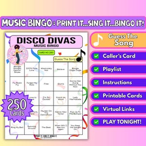 250 Card Disco Divas Music Bingo, Diva Anthems, Feel-Good Throwbacks – Digital group game, Partygame | Guess the Song | Instant Download PDF