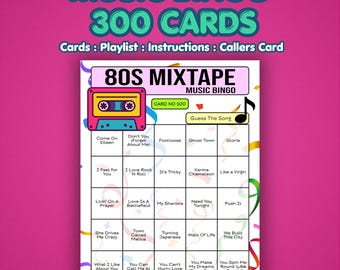 80s Music Bingo Cards – 1980s Mixtape | 300 Cards | Ladies Night Game | Guess the Song