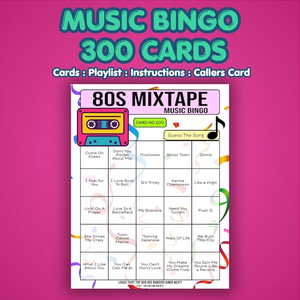 80s Music Bingo Cards – 1980s Mixtape | 300 Cards | Ladies Night Game | Guess the Song