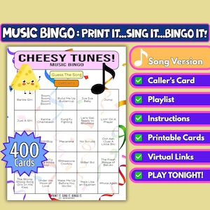 400-Karten Cheesy Tunes Musik Bingo | Song-Format | Party Spiel zum Ausdrucken | Sofortdownload | Junggesellinnenabschied, Zoom-Spiel, Mädelsabend | Pop Hymnen