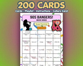 90s Music Bingo Cards – 1990s Bangers | 200 Cards | Fundraiser Game | Guess the Artist |