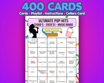 Bingo de éxitos pop / 400 tarjetas / Juego de festival / Adivina el artista