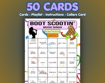 Country Music Bingo Cards – Boot Scootin Bingo | 50 Cards | Birthday Bingo | Guess the Artist |