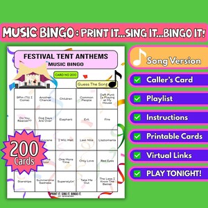 Hymnes du chapiteau du festival, 200 cartes | Bingo musical pour événements d&#39;entreprise, collecte de fonds dans les écoles, soirées de festival | Format des morceaux | Téléchargement instantané