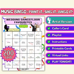 Bingo musical de 200 cartas con los favoritos de la pista de baile para bodas / Juego imprimible para bodas románticas, señoriales y clásicas / Descarga instantánea / Formato artista