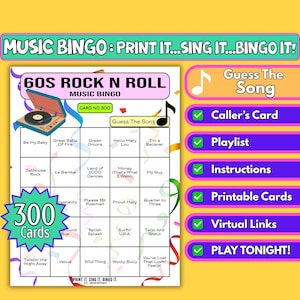 300 Card 60s Rock & Roll, 1960s Playlist Music Bingo Game – Charity Fundraiser Bingo | Guess the Song | Instant Download + Spotify Playlist