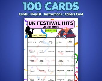 Bingo musical de éxitos de festivales del Reino Unido / 100 cartones / Bingo de cumpleaños / Adivina el artista