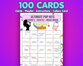 Pop Hits Musik-Bingo | 100 Karten | Hen Party Spiel | Musik Trivia Quiz