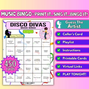 450 Card Disco Divas Music Bingo, Female Icons 70s Themed Party – Silent disco bingo partygame | Guess the Artist | Spotify Instant Download