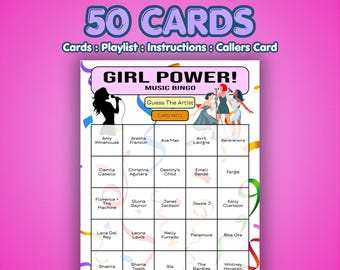 Girl Power Music Bingo Cards | 50 Cards | Birthday Bingo | Music Trivia Game