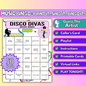 50 Card Disco Divas Music Bingo - Guess The Artist 70s Themed Party Game
