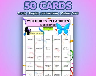 Tarjetas de bingo musical "Placeres culpables del año 2000" / 50 tarjetas / Juego para despedida de soltera / Adivina el artista /
