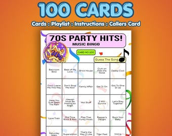70s Music Bingo Cards – 1970s Party Hits | 100 Cards | 60th Birthday Game | Name That Song |