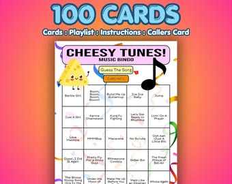 チージーチューンズ ミュージックビンゴカード | カード100枚 | ディナーパーティーゲーム | 歌クイズゲーム |