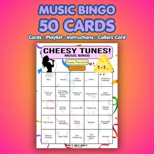 May include: A Music Bingo game card with the text "CHEESY TUNES!" and a list of artists. The card features a cartoon cheese wedge and a silhouette of a singer. The background is a gradient of pink and purple.
