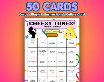 Cheesy Tunes Music Bingo Cards | 50 Cards | Birthday Bingo | Music Trivia Game |