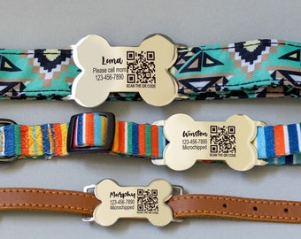 Qr code smart Slide On Bone Pet Tag, Scannable Martingale Silent Dog Collar & Cat Tags, no jingle lost ID tag puppies and kitties safety