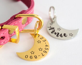 Custom Moon Pet Tag ID, Custom Engraved Cute Dog Tag, Stainless Steel Cat Tags, Personalized Double Sided Pet Tags, Pet Tag Stamped