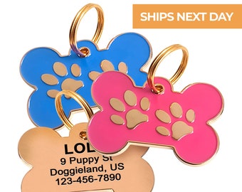 Personalized Cute Bone Gold Dog ID Tag, Bone Pink & Blue Pet Tags, Custom Engraved Stainless Steel Paw Boy And Girl Dog Tag For Collars