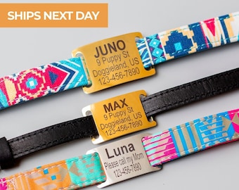 May include: Three personalized dog ID tags with colorful patterned collars. The tags are gold and silver with engraved text, including names, addresses, and phone numbers. The collars are made of fabric with a geometric pattern in shades of blue, pink, and orange.