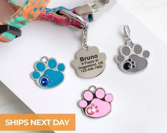 Paw Print Dog Tag, Custom Engraved Bling Pet ID Tags, Cute Dog Tags, Sparkling Paw Print Shape Dog ID Tag, Silent Tags, Puppy Id Tag