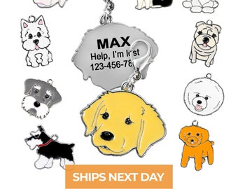 Personalized Dog breeds ID Tags, Custom Engraved Cute Schnauzer, Golden Retriever, Bulldog, Poodle Puppies Tag for Collars