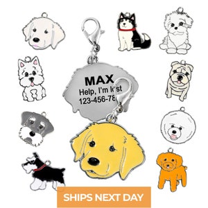 Personalized Dog Breeds ID Tags, Custom Engraved Cute Schnauzer, Golden Retriever, Bulldog, Poodle Puppies Tag For Collars
