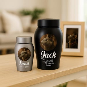 Puede incluir: Dos urnas para mascotas, una plateada y otra negra, con retratos de gatos. La urna plateada está etiquetada como "Lana" con una fecha. La urna negra está etiquetada como "Jack" con una fecha y la frase "I Will love you forever". Una foto enmarcada de un gato está en el fondo.