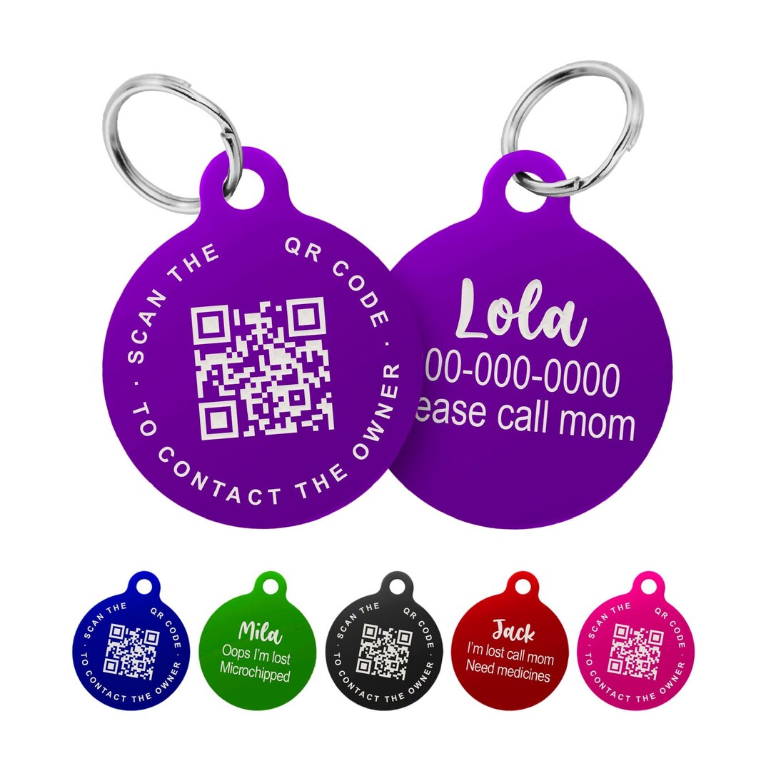 Custom QR Code Pet ID Tag, Personalized Engraved Scannable Aluminum ID
