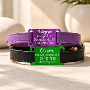 May include: Two pet collars with rectangular metal tags. The top purple collar features the name Maggie, an address, and a phone number. The bottom black collar features the name Oliver, a phone number, and the text I'm lost, please call, Microchipped.